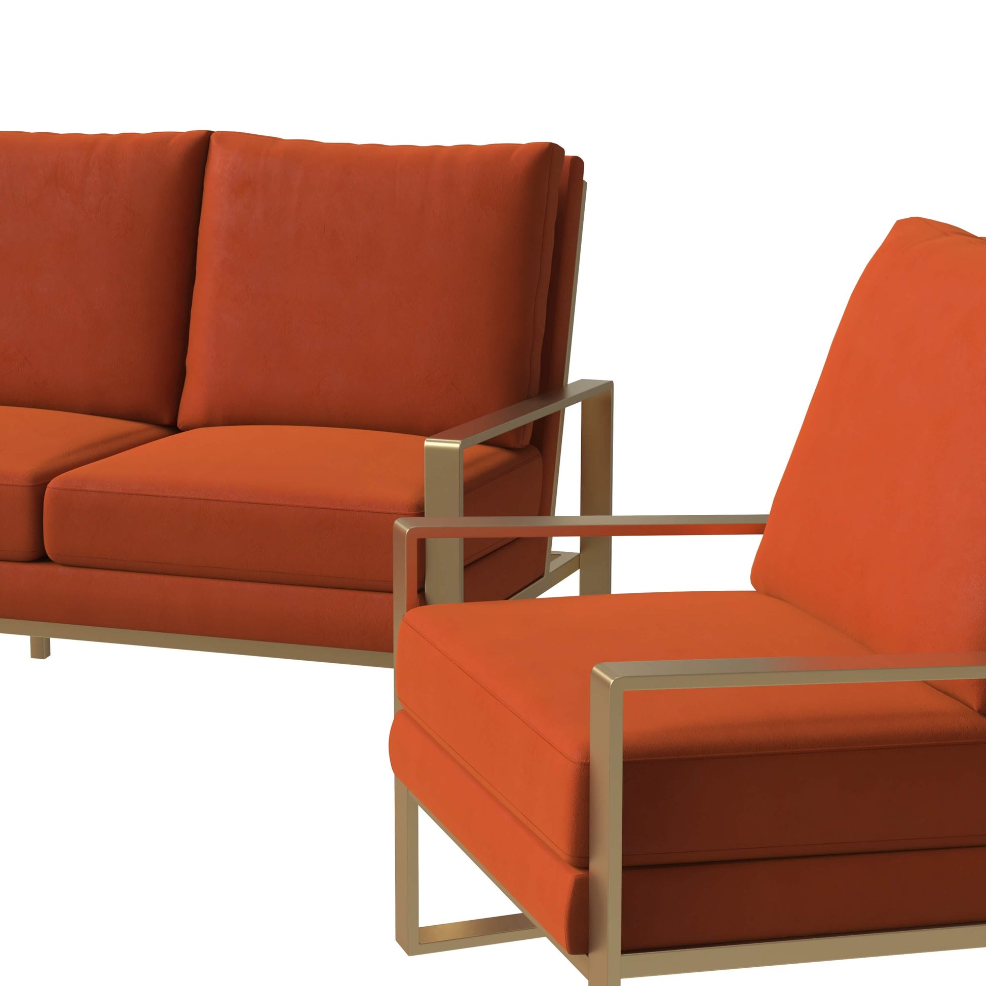 Jefferson 3 - Piece Leather Sofa Set with Silver/Gold Stainless Steel Base Accent Chair and Loveseat