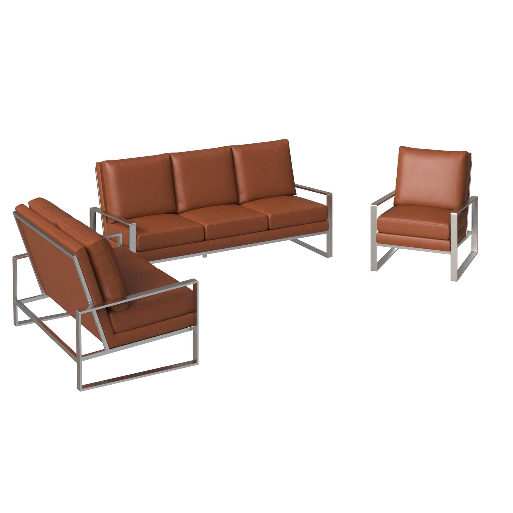 Jefferson 3 - Piece Leather Sofa Set with Silver/Gold Stainless Steel Base Accent Chair and Loveseat