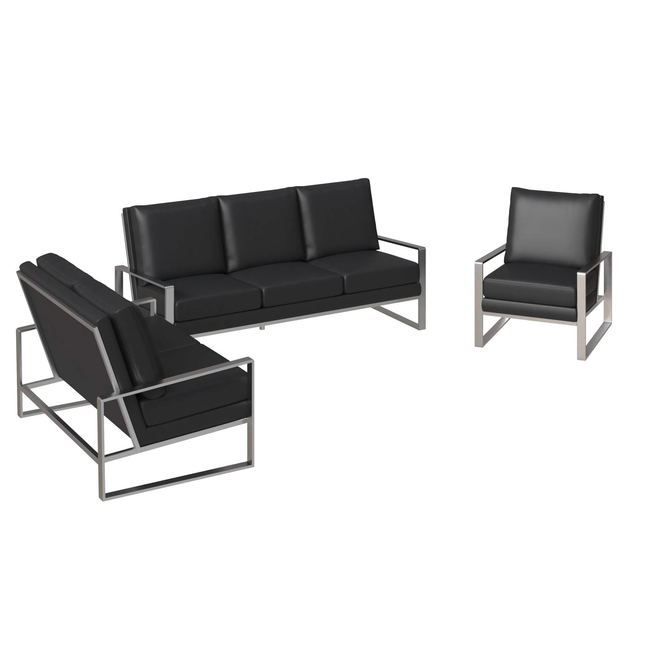 Jefferson 3 - Piece Leather Sofa Set with Silver/Gold Stainless Steel Base Accent Chair and Loveseat