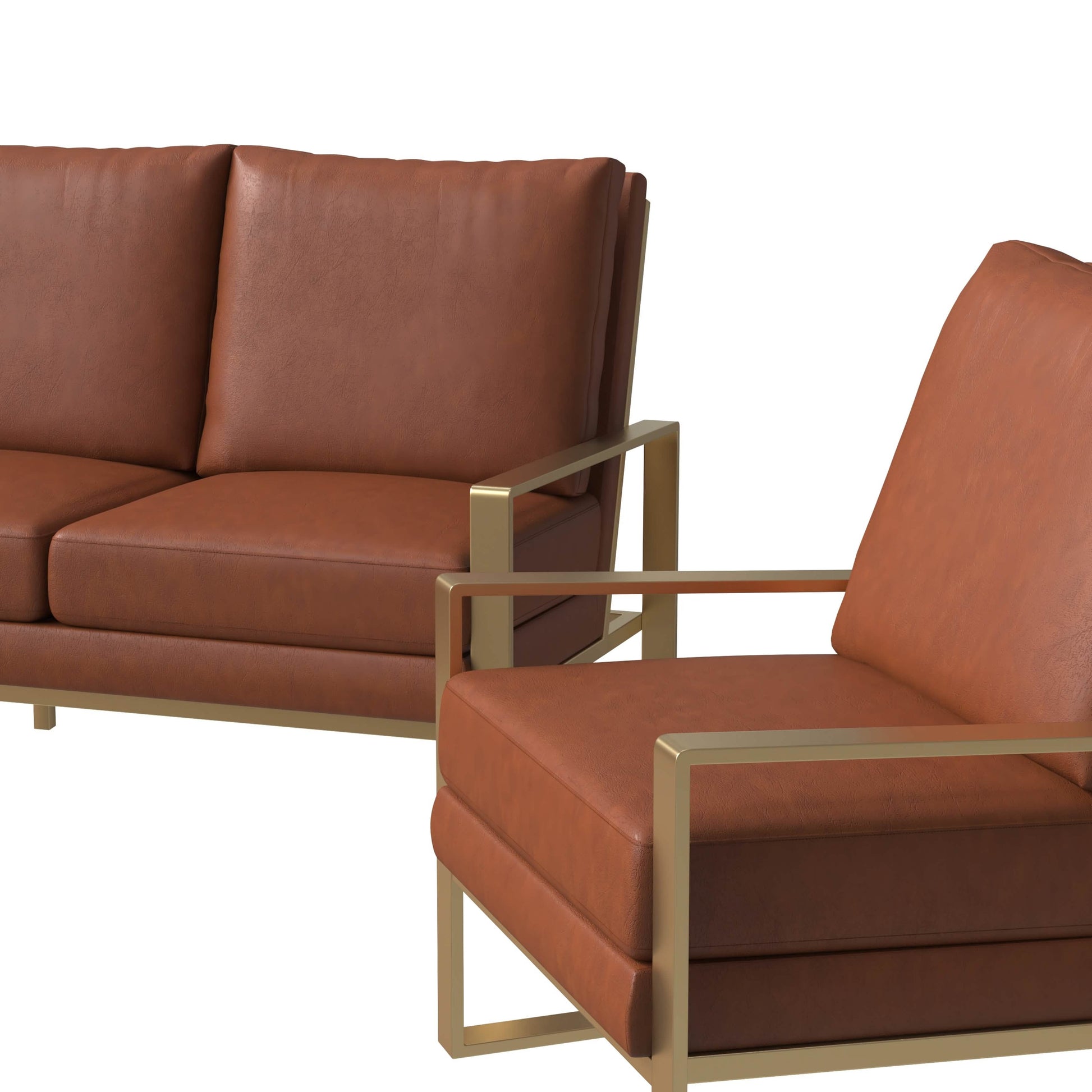 Jefferson 3 - Piece Leather Sofa Set with Silver/Gold Stainless Steel Base Accent Chair and Loveseat
