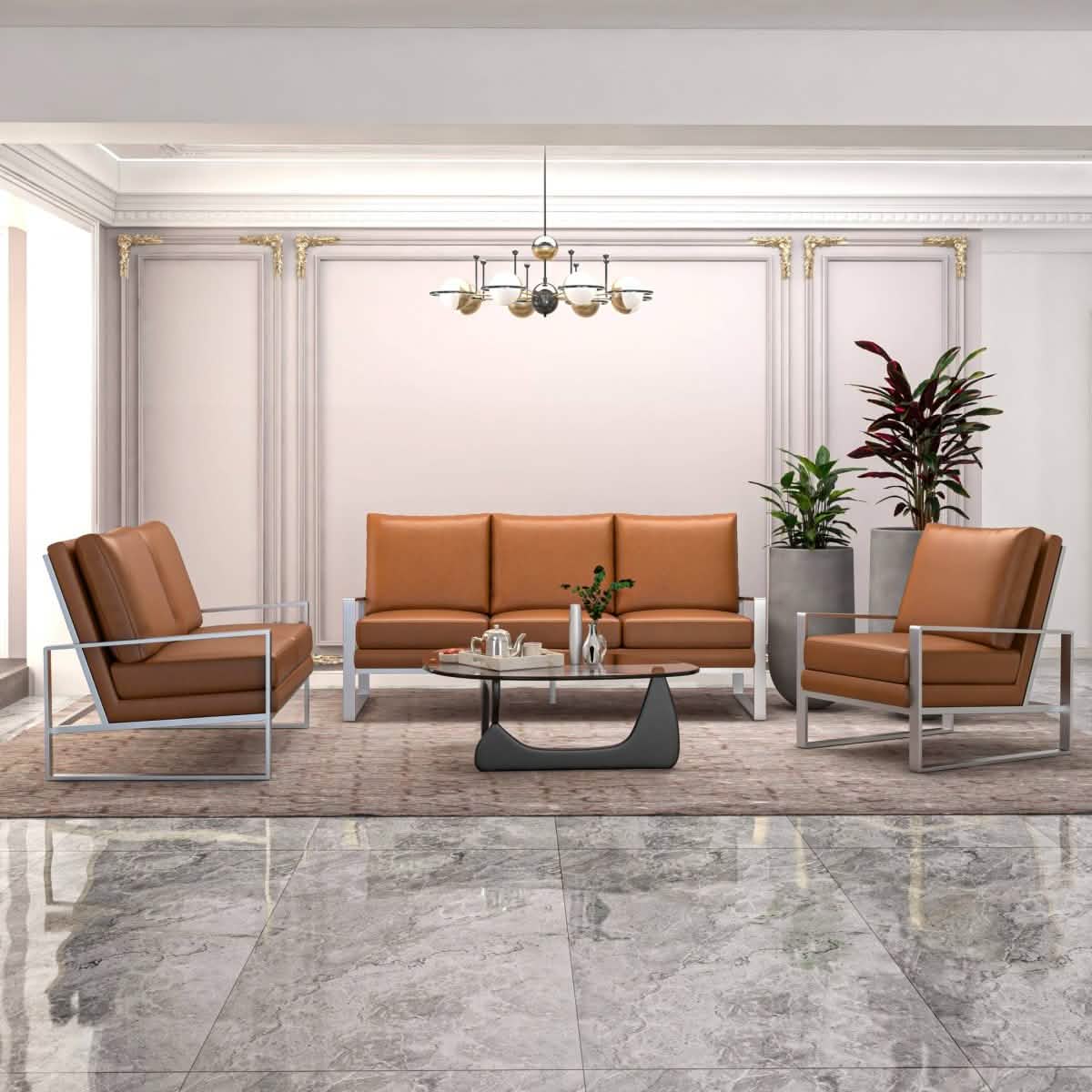 Jefferson 3 - Piece Leather Sofa Set with Silver/Gold Stainless Steel Base Accent Chair and Loveseat