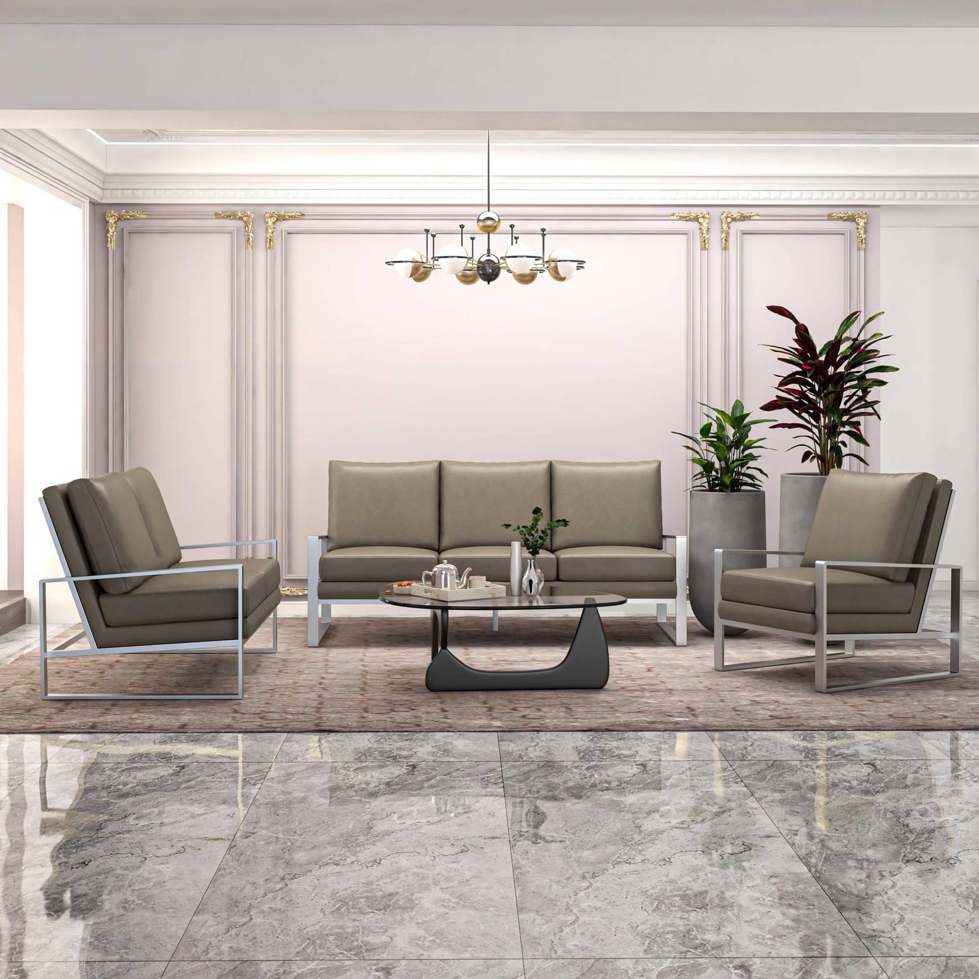 Jefferson 3 - Piece Leather Sofa Set with Silver/Gold Stainless Steel Base Accent Chair and Loveseat