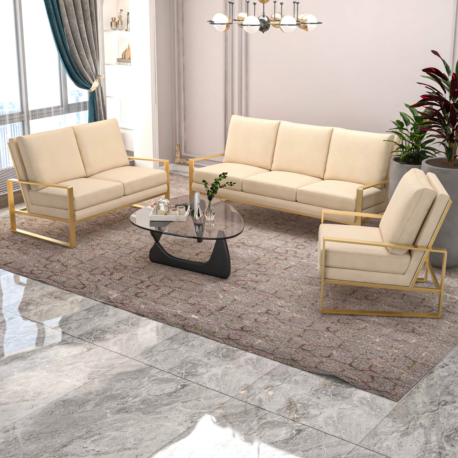 Jefferson 3 - Piece Leather Sofa Set with Silver/Gold Stainless Steel Base Accent Chair and Loveseat