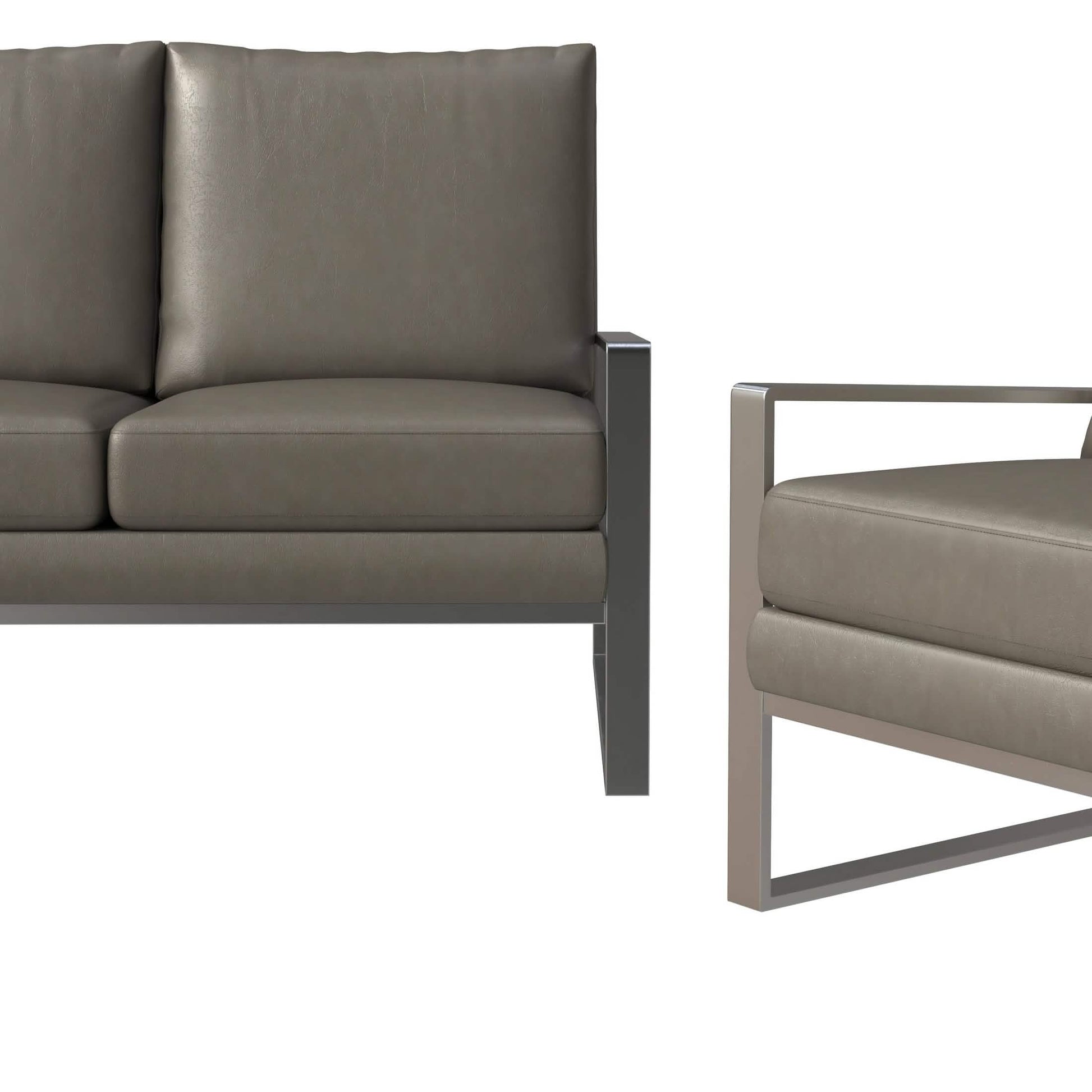 Jefferson 3 - Piece Leather Sofa Set with Silver/Gold Stainless Steel Base Accent Chair and Loveseat