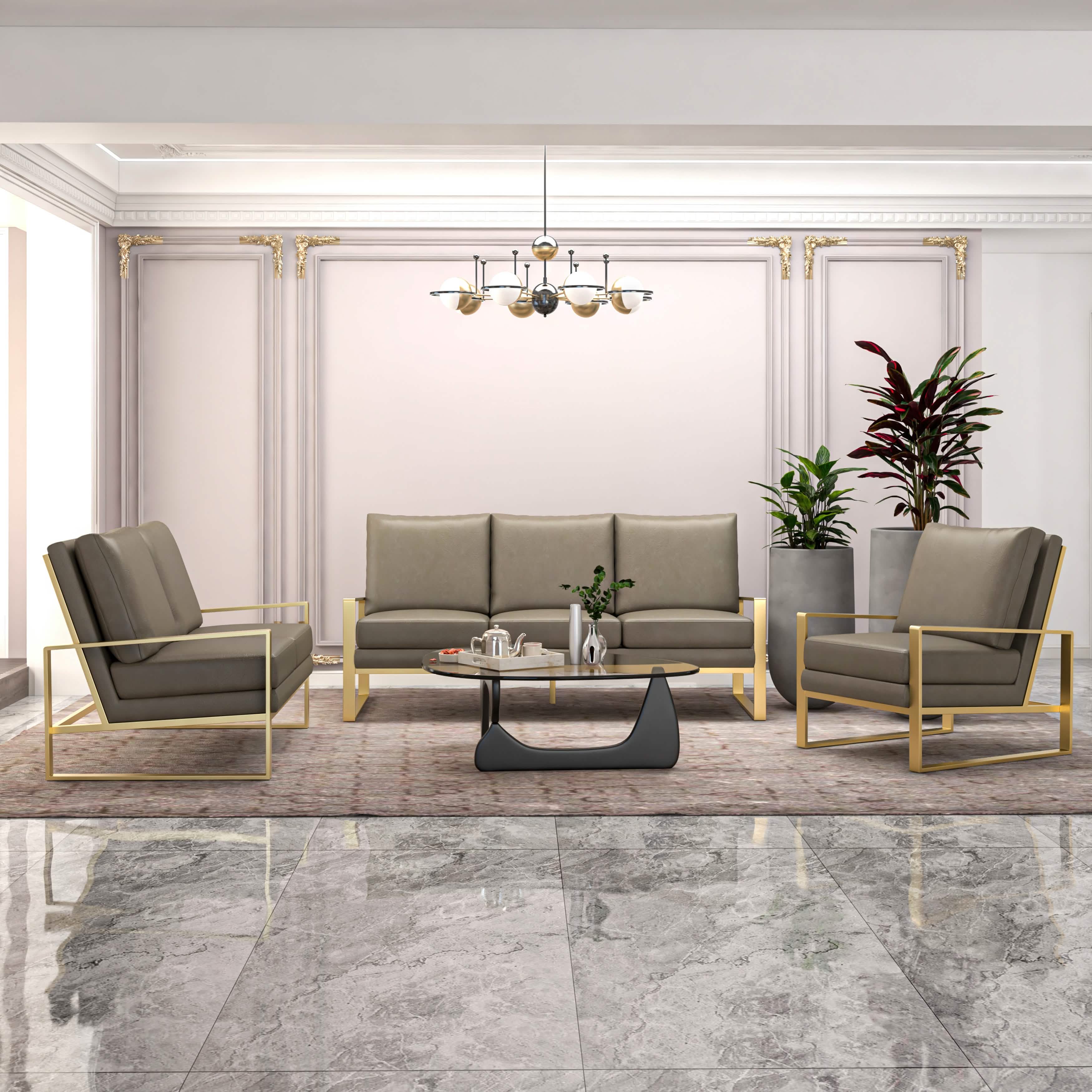 Jefferson 3 - Piece Leather Sofa Set with Silver/Gold Stainless Steel Base Accent Chair and Loveseat