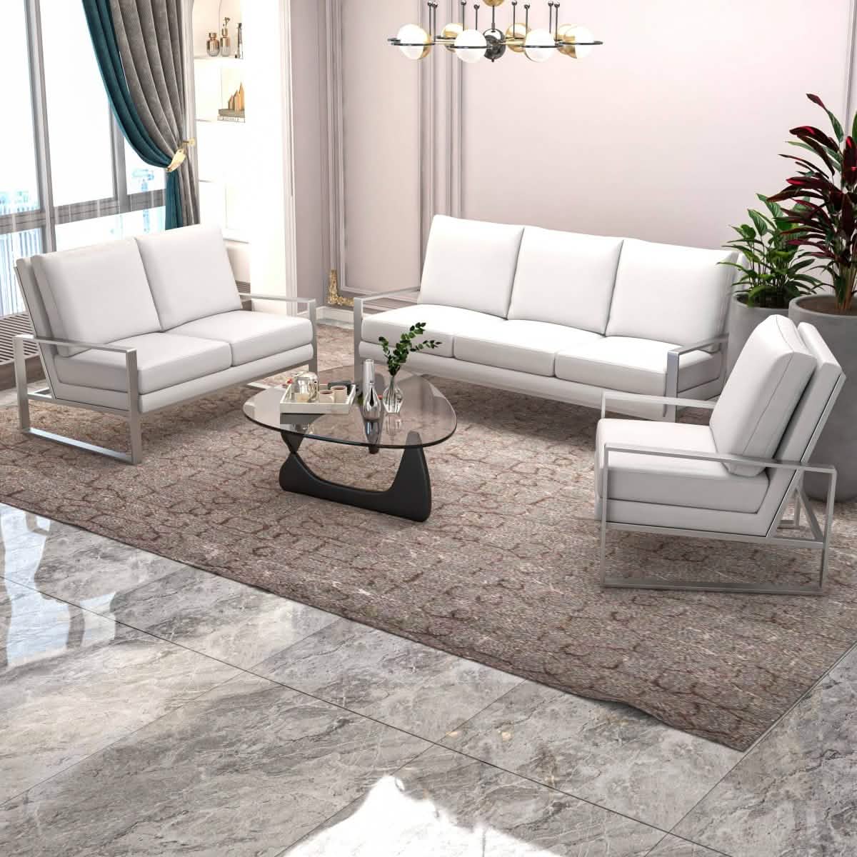 Jefferson 3 - Piece Leather Sofa Set with Silver/Gold Stainless Steel Base Accent Chair and Loveseat