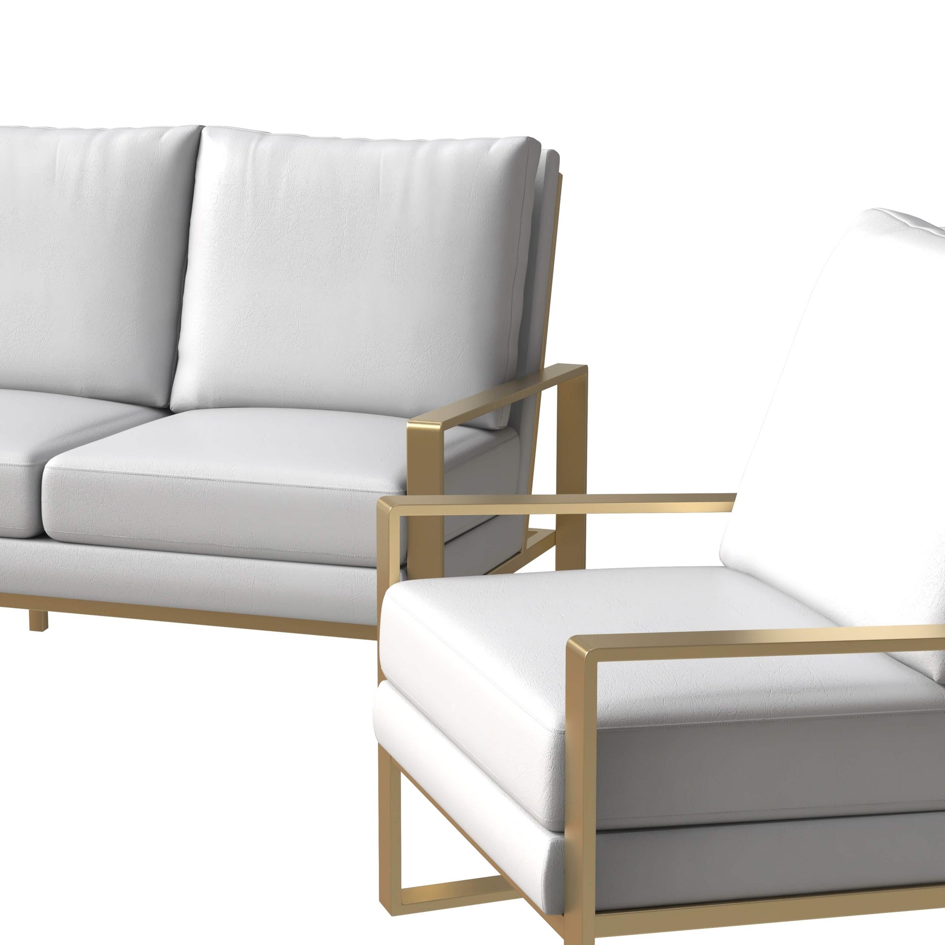 Jefferson 3 - Piece Leather Sofa Set with Silver/Gold Stainless Steel Base Accent Chair and Loveseat