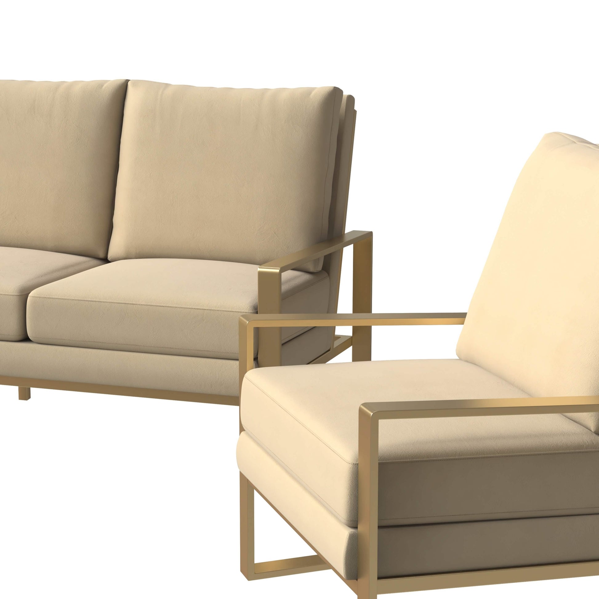 Jefferson 3 - Piece Leather Sofa Set with Silver/Gold Stainless Steel Base Accent Chair and Loveseat