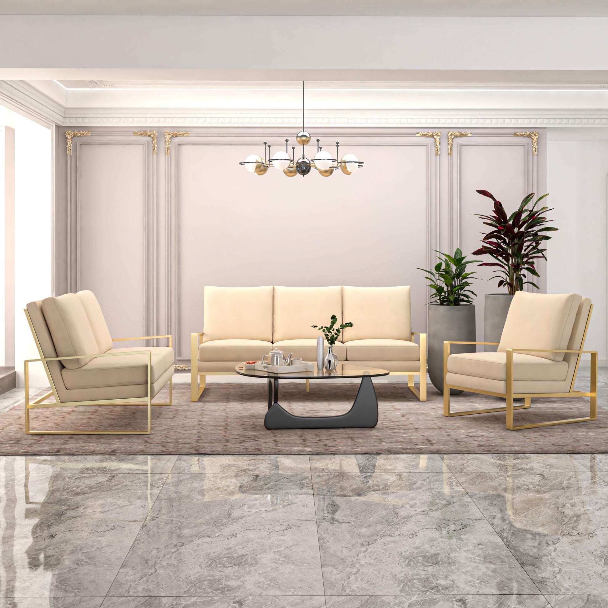 Jefferson 3 - Piece Leather Sofa Set with Silver/Gold Stainless Steel Base Accent Chair and Loveseat