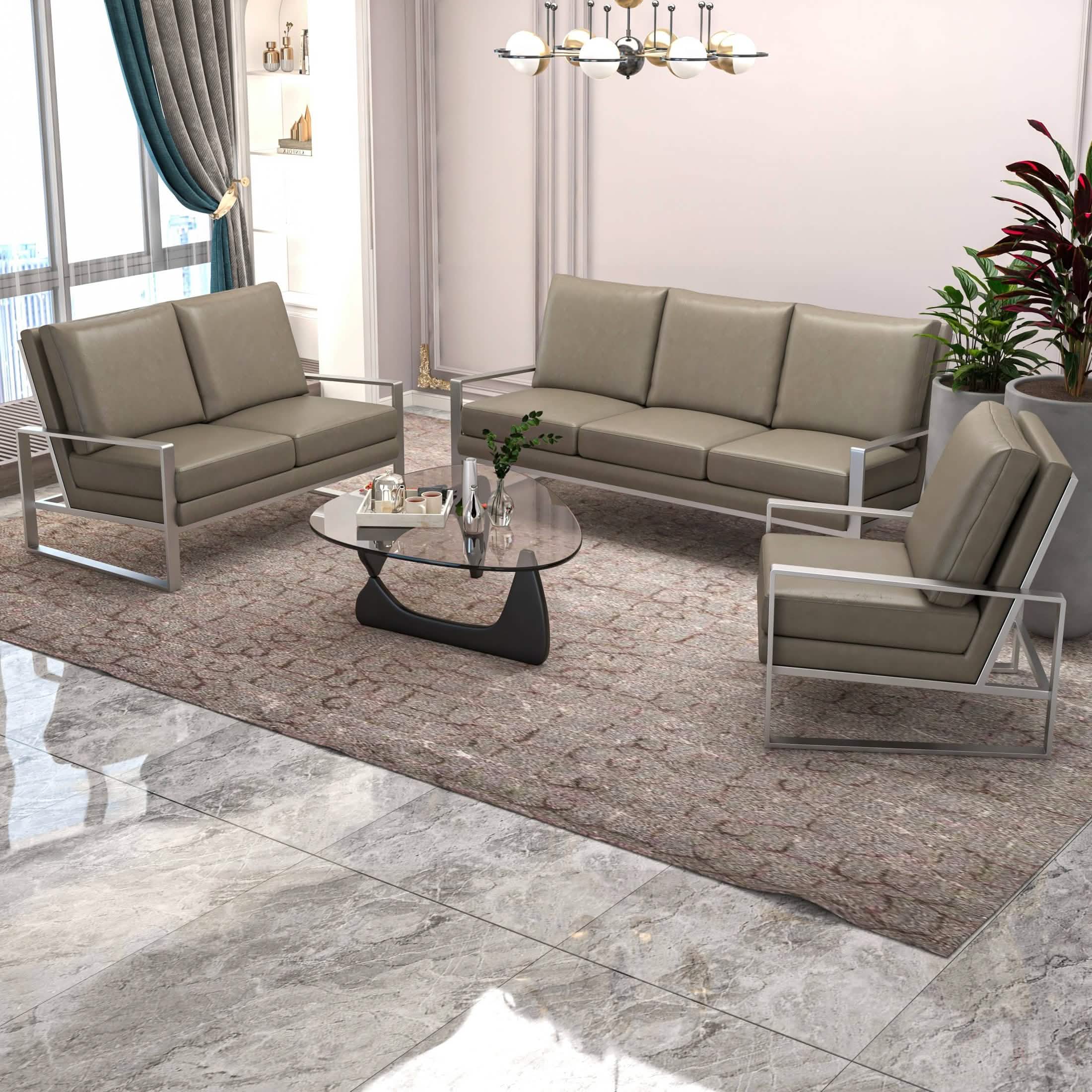 Jefferson 3 - Piece Leather Sofa Set with Silver/Gold Stainless Steel Base Accent Chair and Loveseat