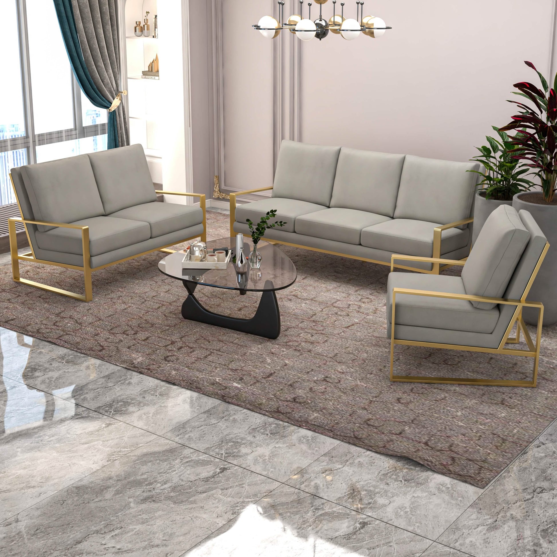 Jefferson 3 - Piece Leather Sofa Set with Silver/Gold Stainless Steel Base Accent Chair and Loveseat