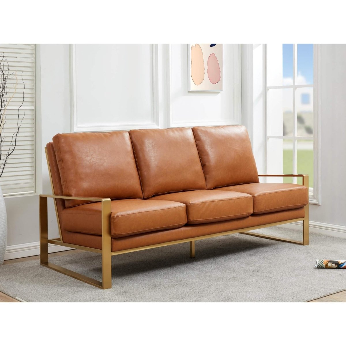 Jefferson 3 - Seater Sofa Upholstered in Velvet/Leather with Gold/Silver Steel Base