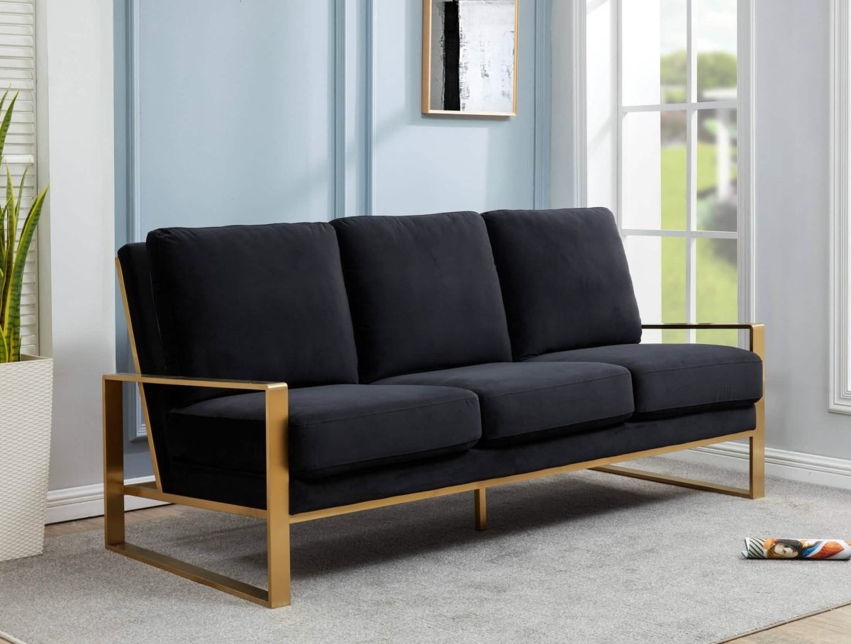Jefferson 3 - Seater Sofa Upholstered in Velvet/Leather with Gold/Silver Steel Base