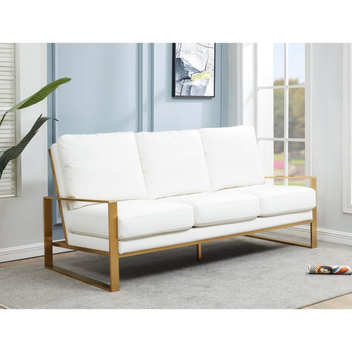 Jefferson 3 - Seater Sofa Upholstered in Velvet/Leather with Gold/Silver Steel Base