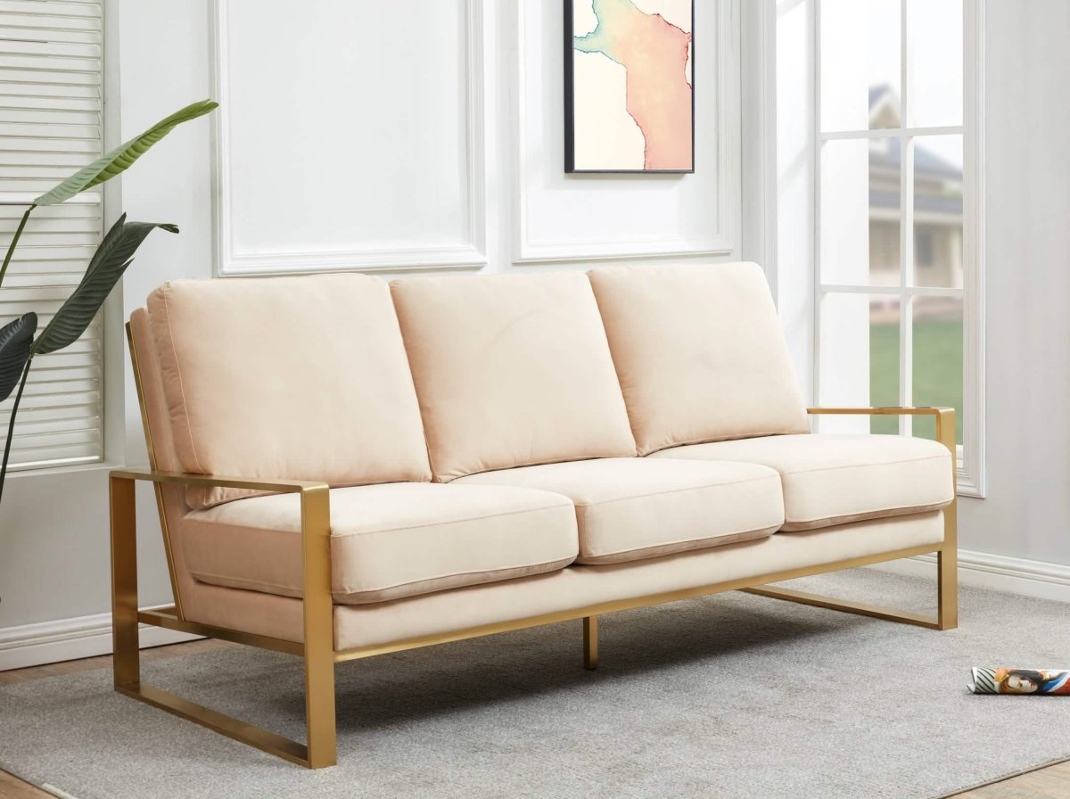 Jefferson 3 - Seater Sofa Upholstered in Velvet/Leather with Gold/Silver Steel Base
