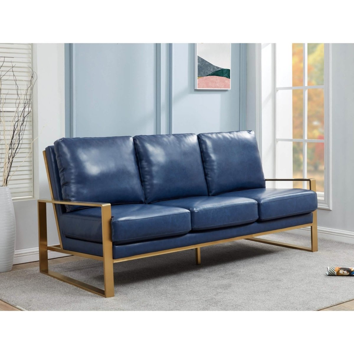 Jefferson 3 - Seater Sofa Upholstered in Velvet/Leather with Gold/Silver Steel Base
