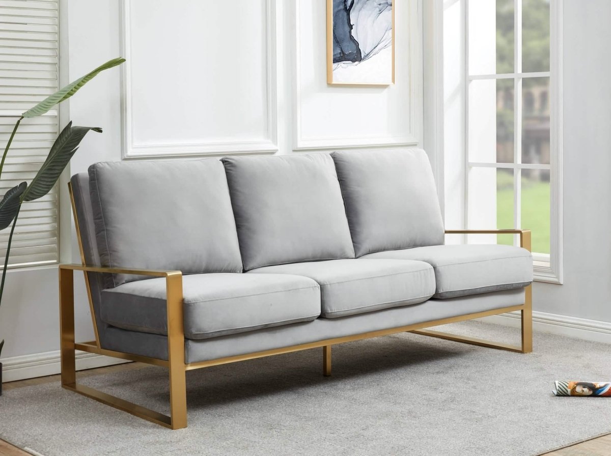 Jefferson 3 - Seater Sofa Upholstered in Velvet/Leather with Gold/Silver Steel Base
