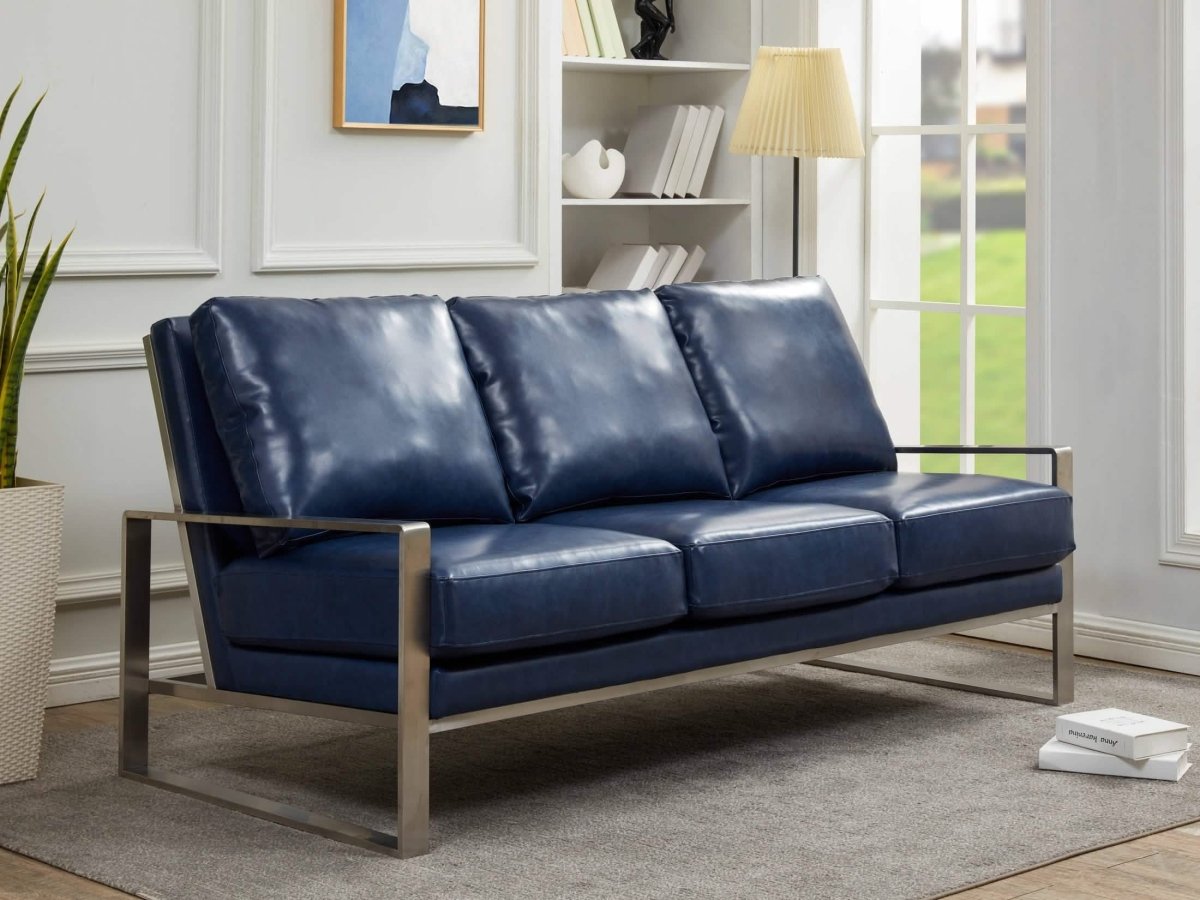 Jefferson 3 - Seater Sofa Upholstered in Velvet/Leather with Gold/Silver Steel Base