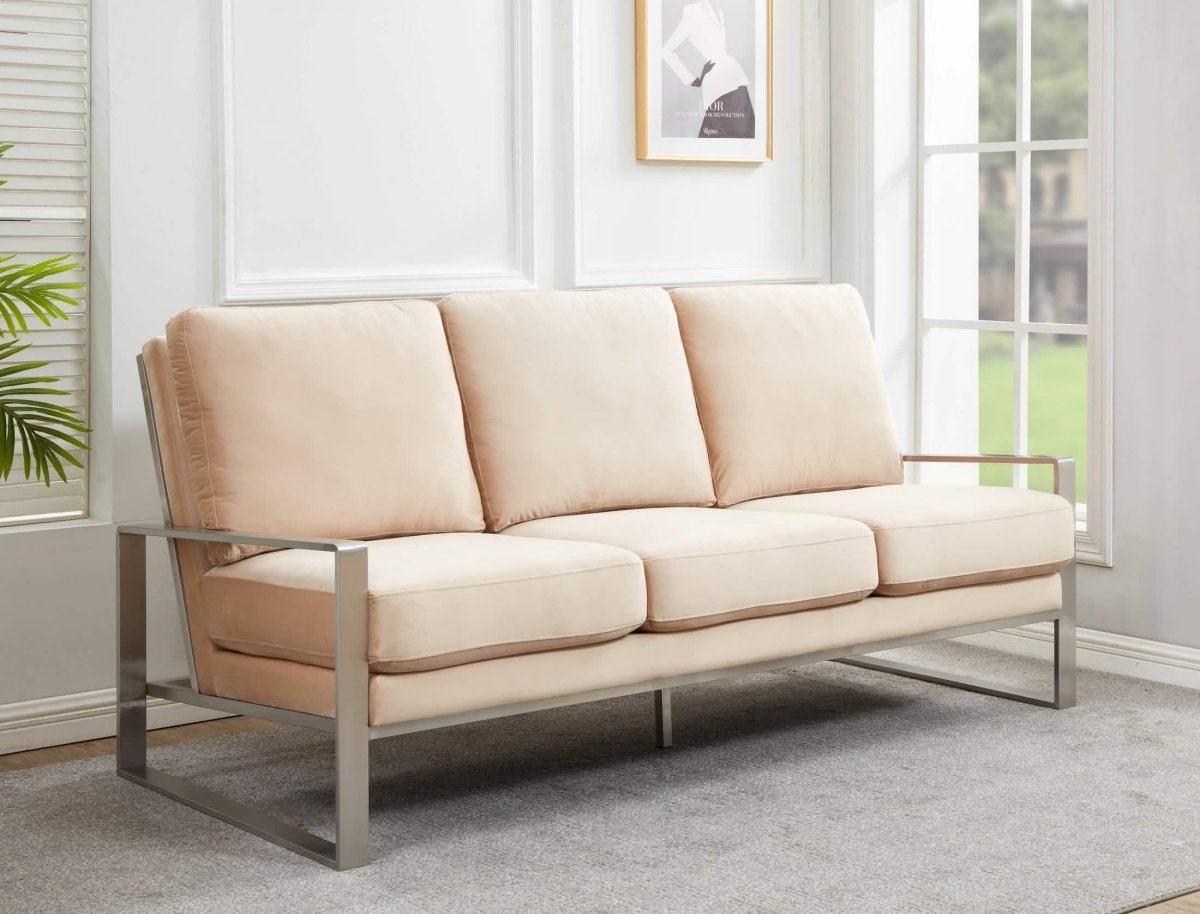 Jefferson 3 - Seater Sofa Upholstered in Velvet/Leather with Gold/Silver Steel Base