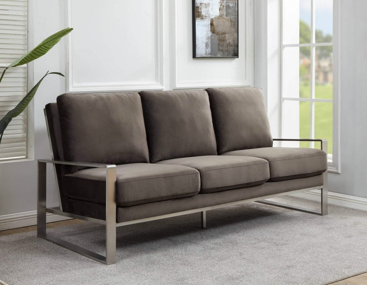 Jefferson 3 - Seater Sofa Upholstered in Velvet/Leather with Gold/Silver Steel Base