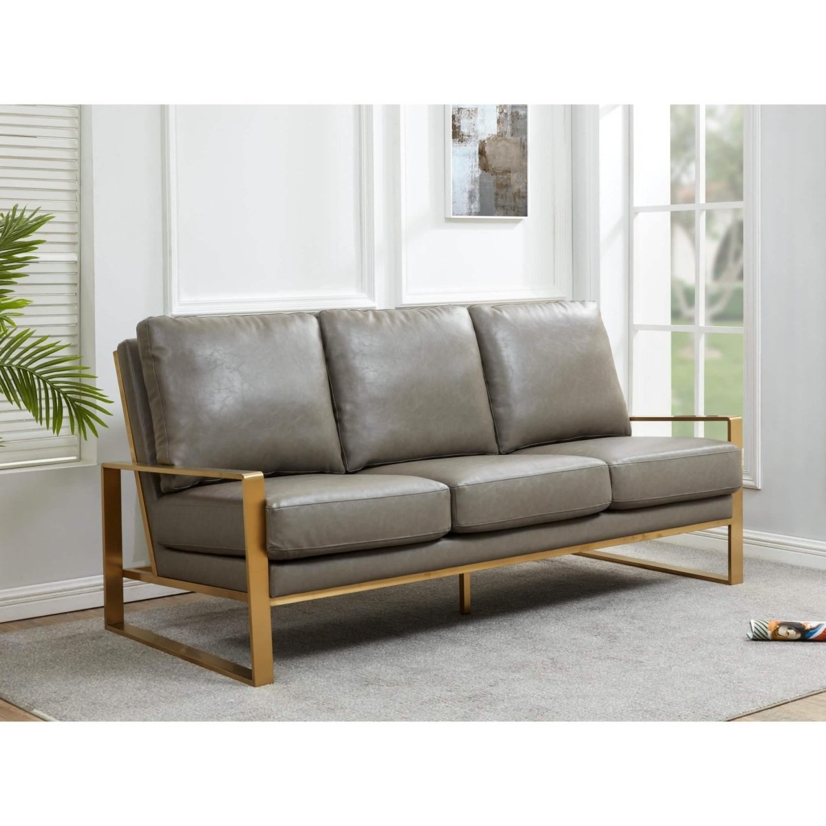 Jefferson 3 - Seater Sofa Upholstered in Velvet/Leather with Gold/Silver Steel Base