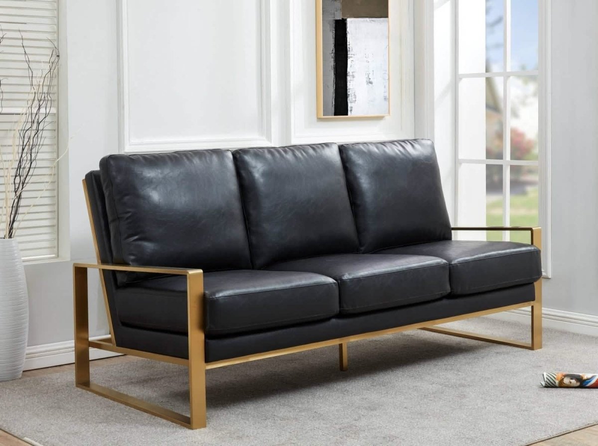 Jefferson 3 - Seater Sofa Upholstered in Velvet/Leather with Gold/Silver Steel Base