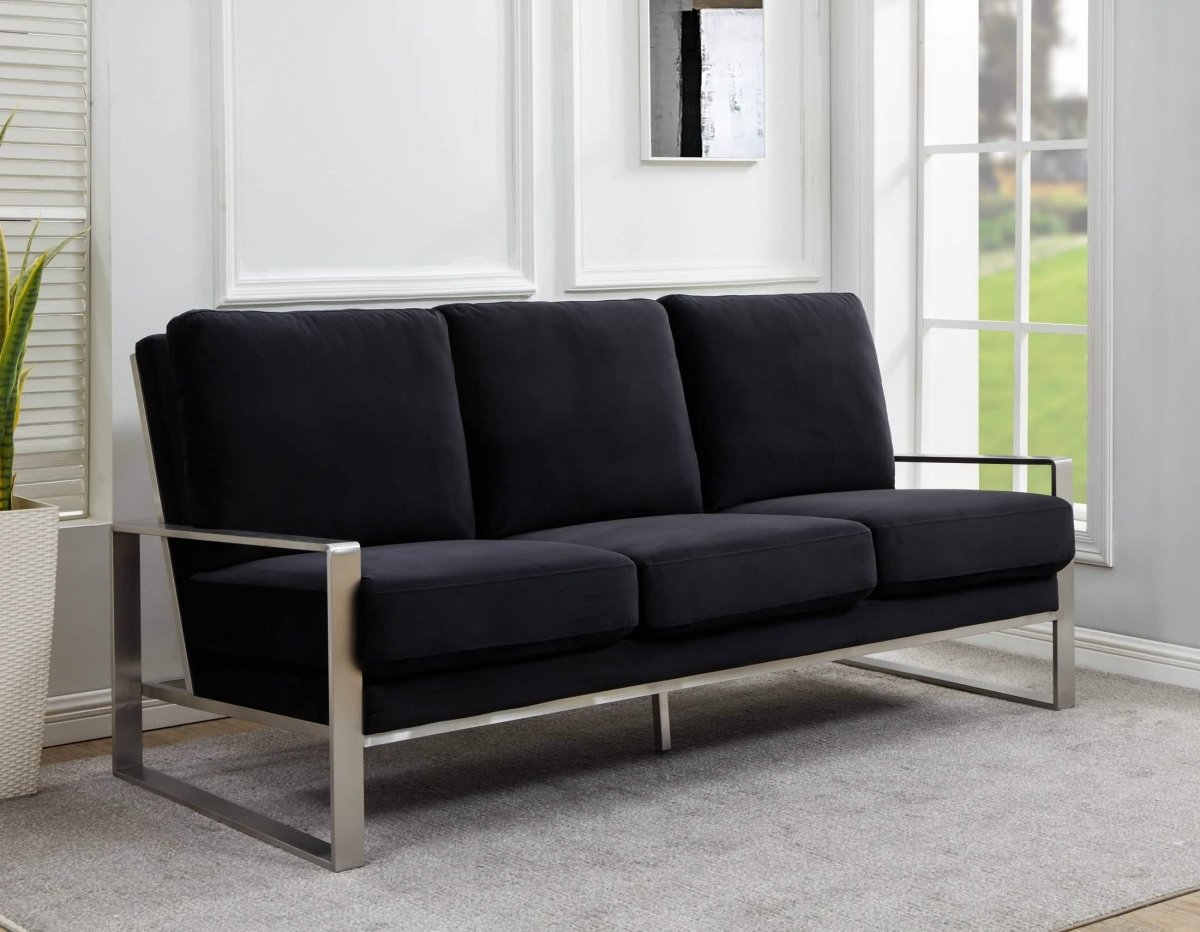 Jefferson 3 - Seater Sofa Upholstered in Velvet/Leather with Gold/Silver Steel Base