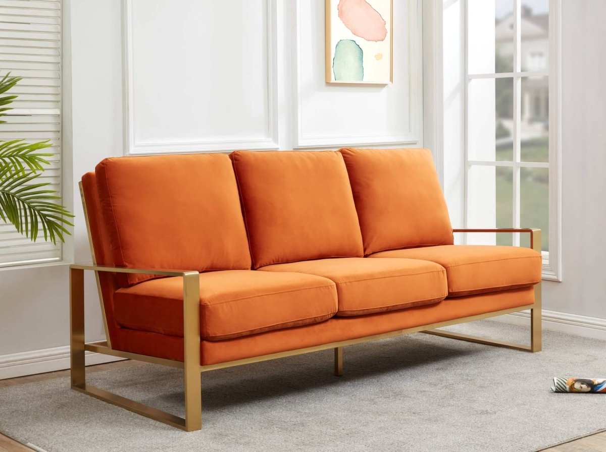 Jefferson 3 - Seater Sofa Upholstered in Velvet/Leather with Gold/Silver Steel Base