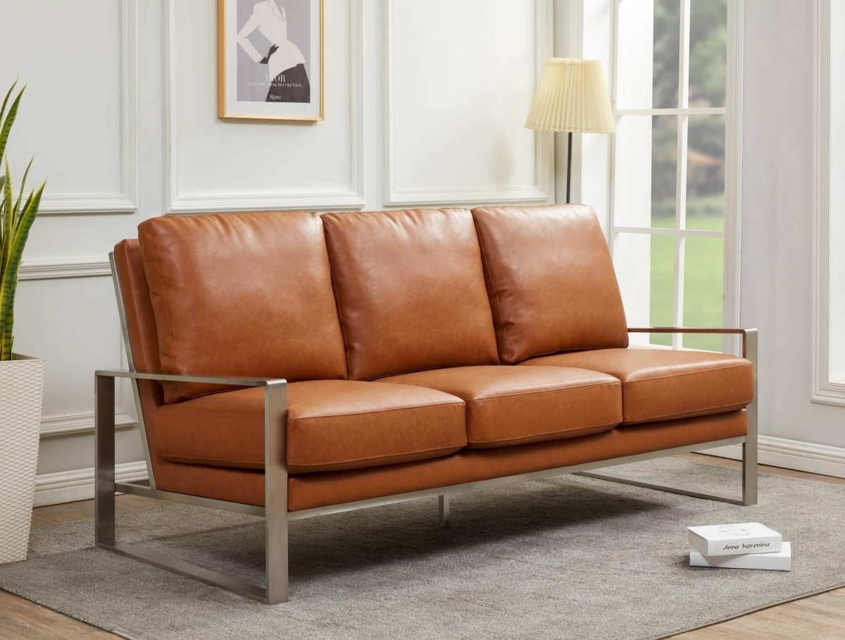 Jefferson 3 - Seater Sofa Upholstered in Velvet/Leather with Gold/Silver Steel Base