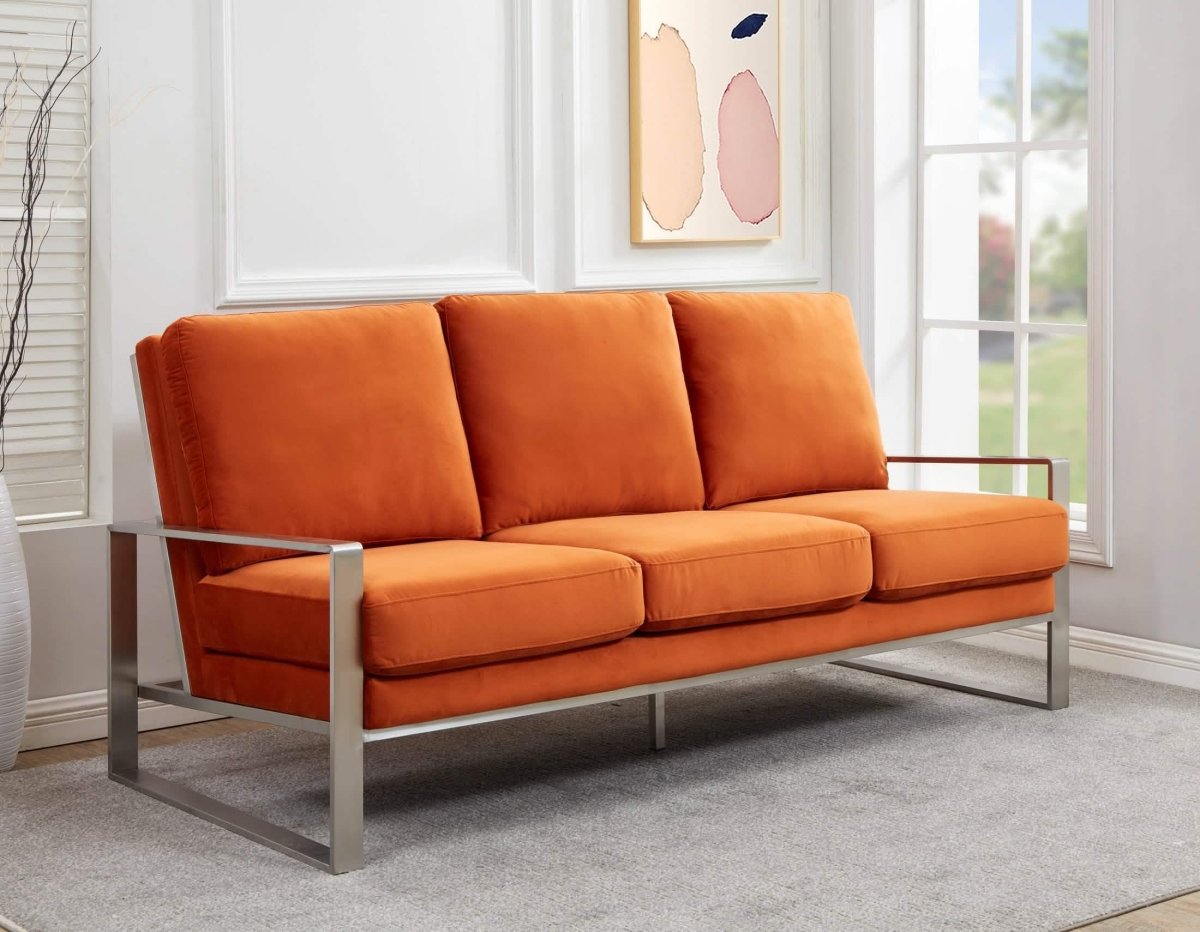Jefferson 3 - Seater Sofa Upholstered in Velvet/Leather with Gold/Silver Steel Base