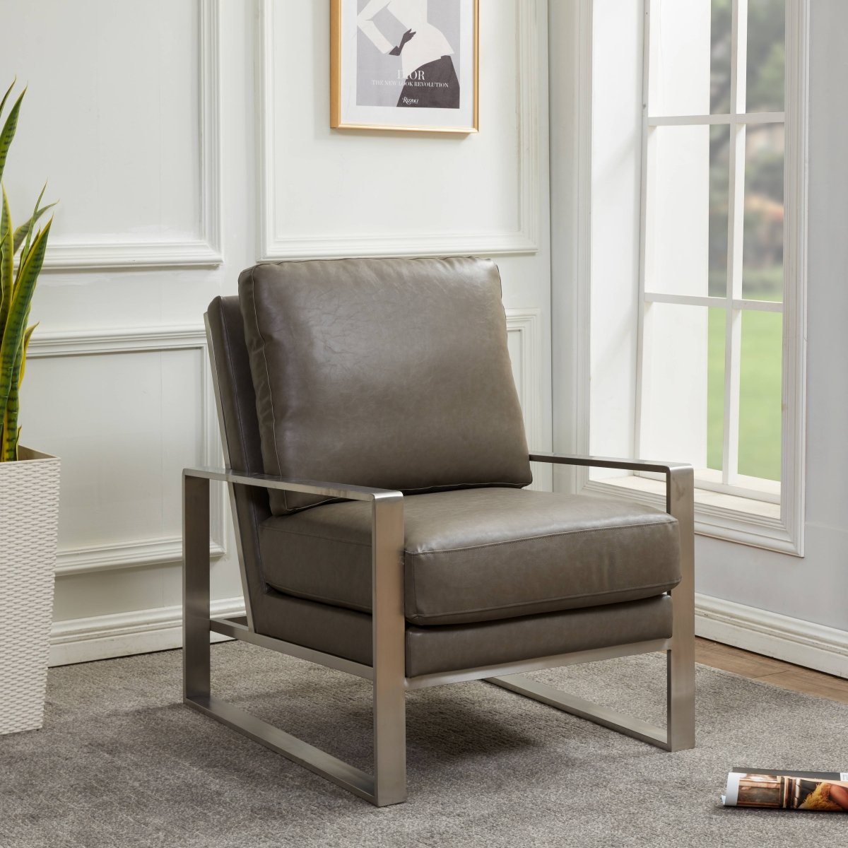 Jefferson Accent Armchair Upholstered in Velvet/Leather and Gold/Silver Metal Frame