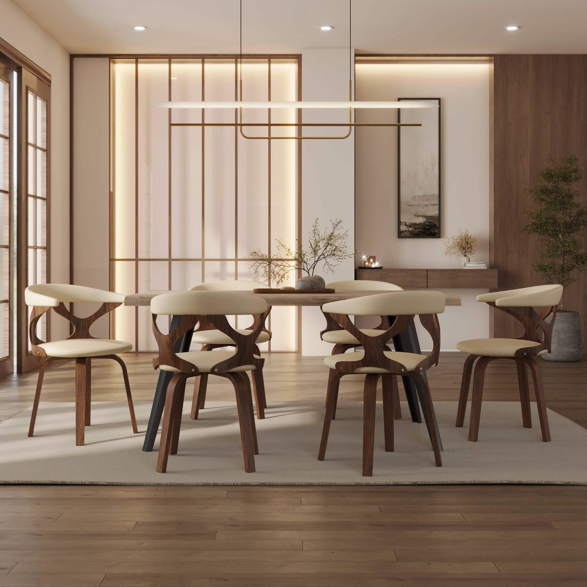 Klyne Modern Wooden Dining Chair Upholstered in Leather With Walnut Color Frame