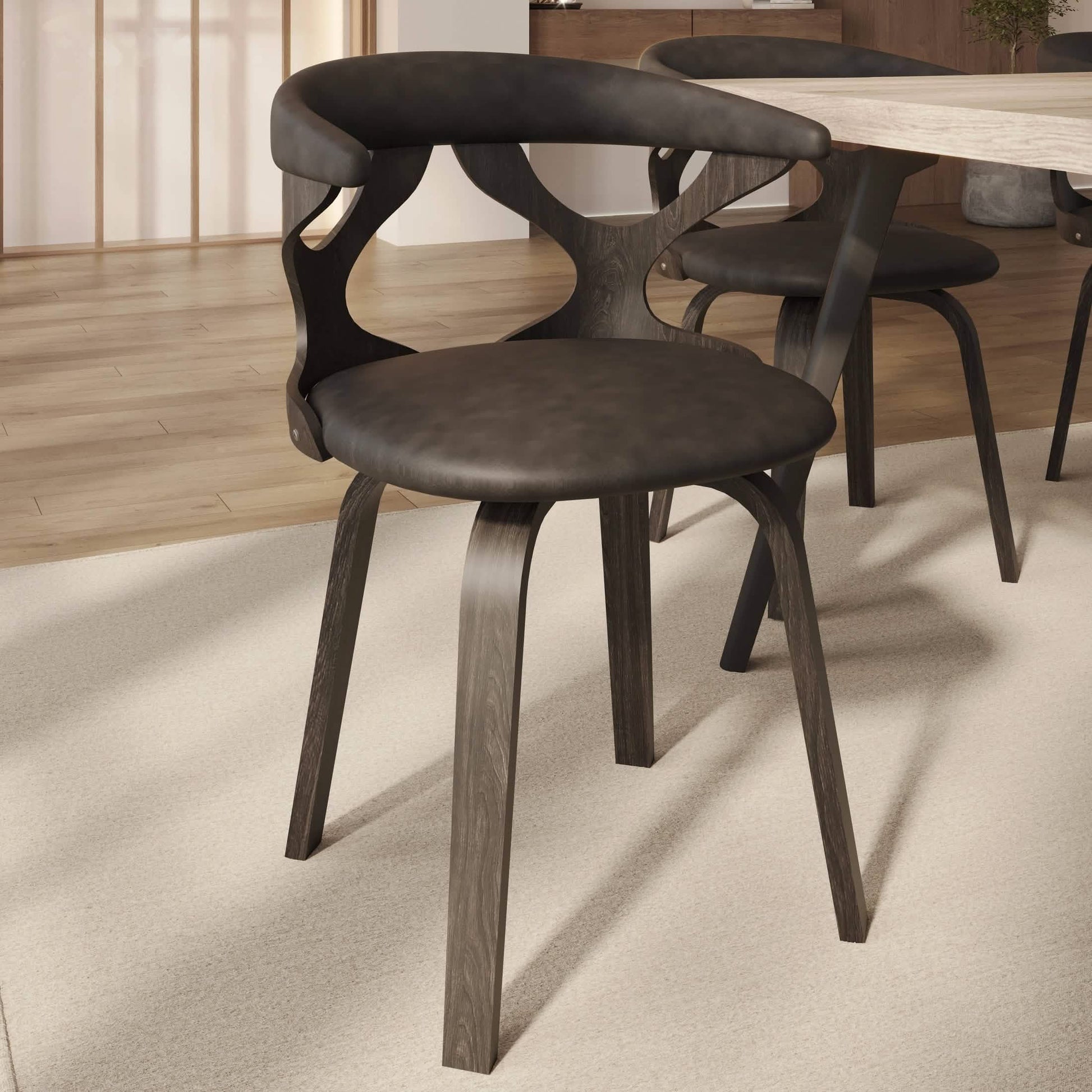 Klyne Modern Wooden Dining Chair Upholstered in Leather With Walnut Color Frame