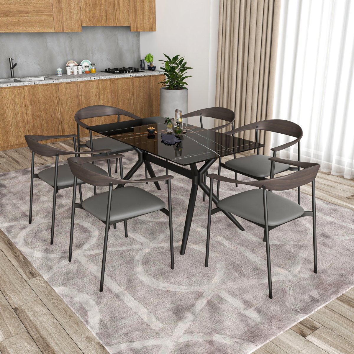 Kora Dining Chair Upholstered in Leather with Stainless Steel Frame and Legs