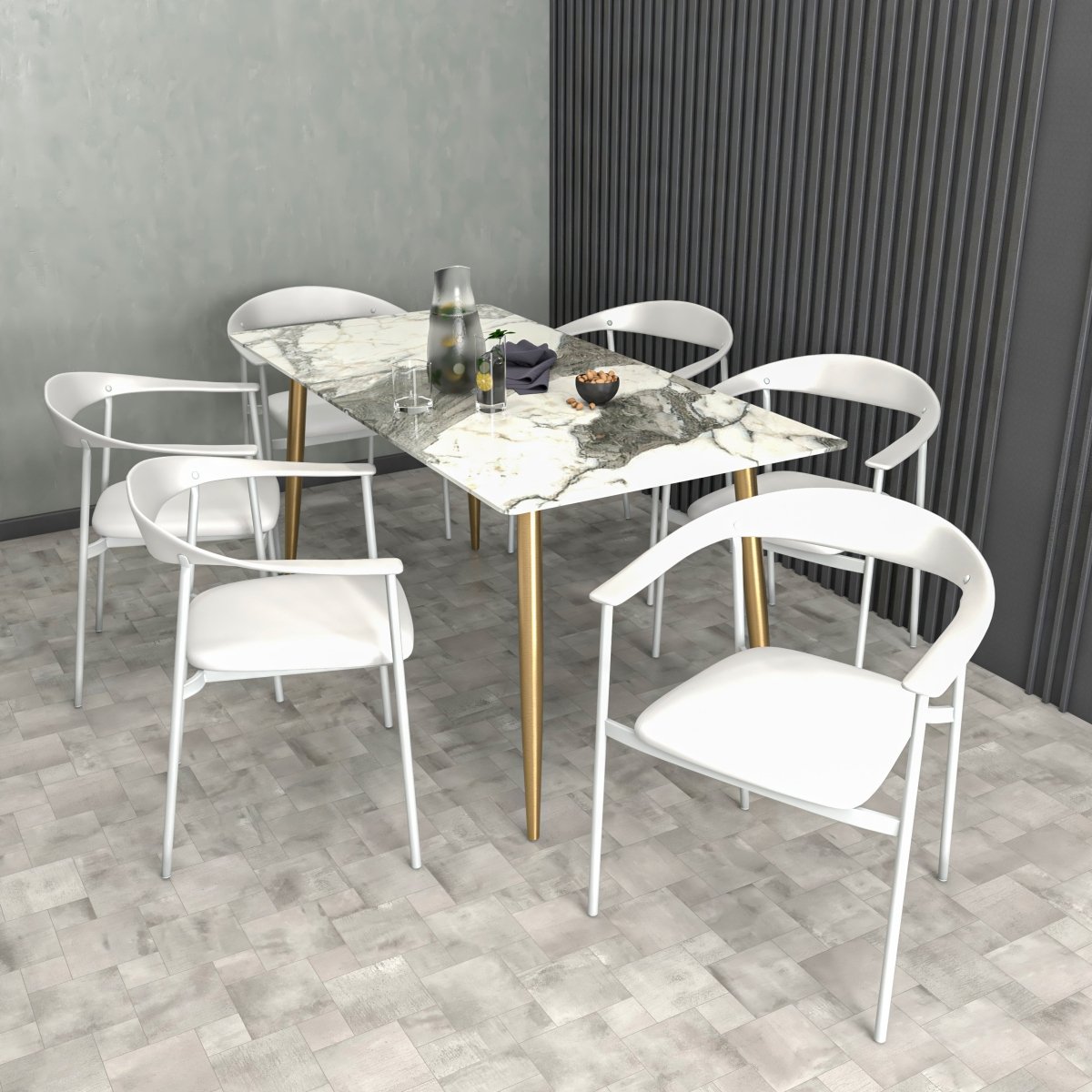 Kora Dining Chair Upholstered in Leather with Stainless Steel Frame and Legs
