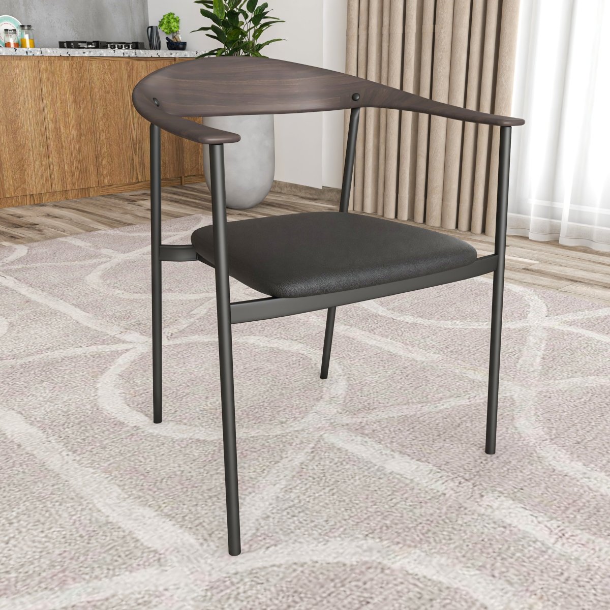 Kora Dining Chair Upholstered in Leather with Stainless Steel Frame and Legs