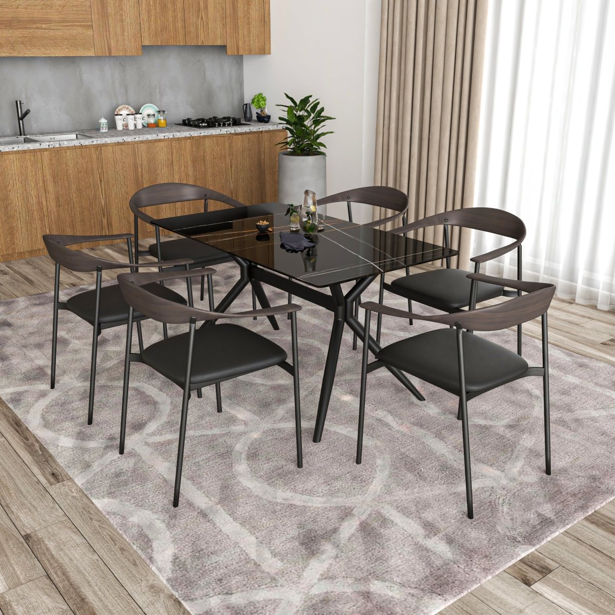 Kora Dining Chair Upholstered in Leather with Stainless Steel Frame and Legs