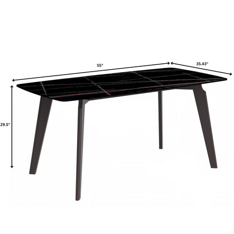 Krevor Modern Dining Table with Rectangular Stone/Glass Wide Tabletop with Black Steel Legs