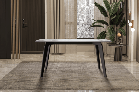 Krevor Modern Dining Table with Rectangular Stone/Glass Wide Tabletop with Black Steel Legs