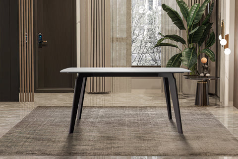 Krevor Modern Dining Table with Rectangular Stone/Glass Wide Tabletop with Black Steel Legs