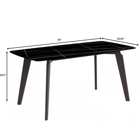 Krevor Modern Dining Table with Rectangular Stone/Glass Wide Tabletop with Black Steel Legs