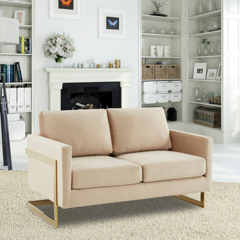 Lincoln Upholstered Velvet/Leather Loveseat With Gold Frame