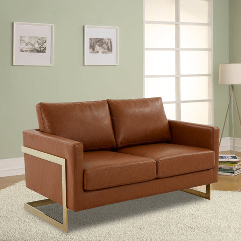 Lincoln Upholstered Velvet/Leather Loveseat With Gold Frame