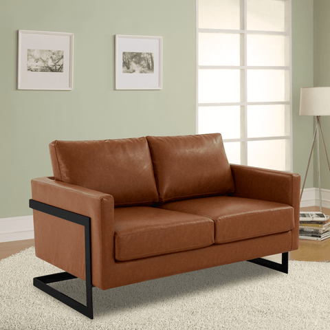 Lincoln Leather Loveseat Sofa with Black Stainless Steel Frame