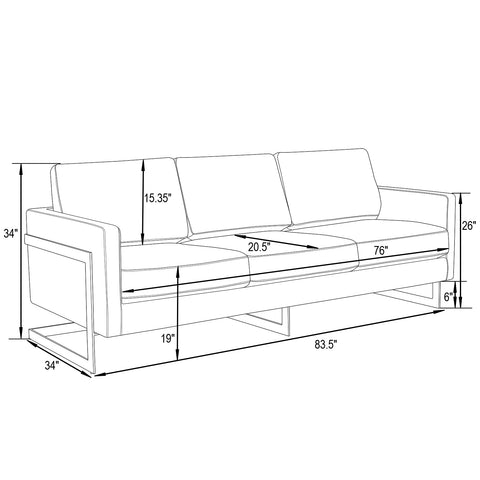 Lincoln 3-Seater Velvet/Leather Full Size Sofa in Stainless Steel