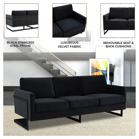 Lincoln 3-Seater Upholstered Velvet Sofa with Black Stainless-Steel Base