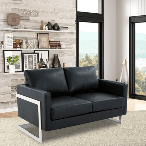 Lincoln Leather Loveseat Sofa with Chrome Stainless Steel Frame