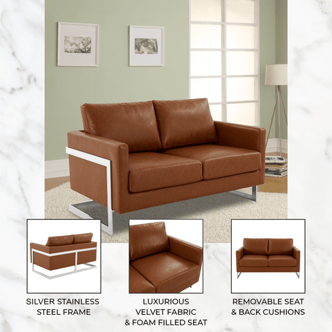 Lincoln Leather Loveseat Sofa with Chrome Stainless Steel Frame