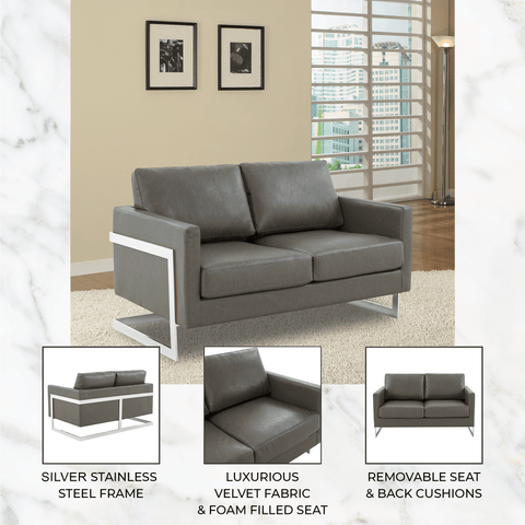 Lincoln Leather Loveseat Sofa with Chrome Stainless Steel Frame