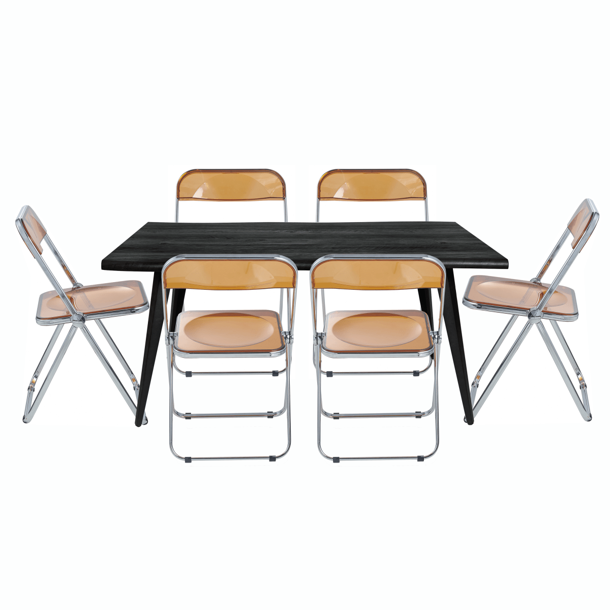 Lawrence 7-Piece Dining Set: Folding Acrylic Chairs & Rectangular Wood Table Tangerine Dining Set Leisuremod